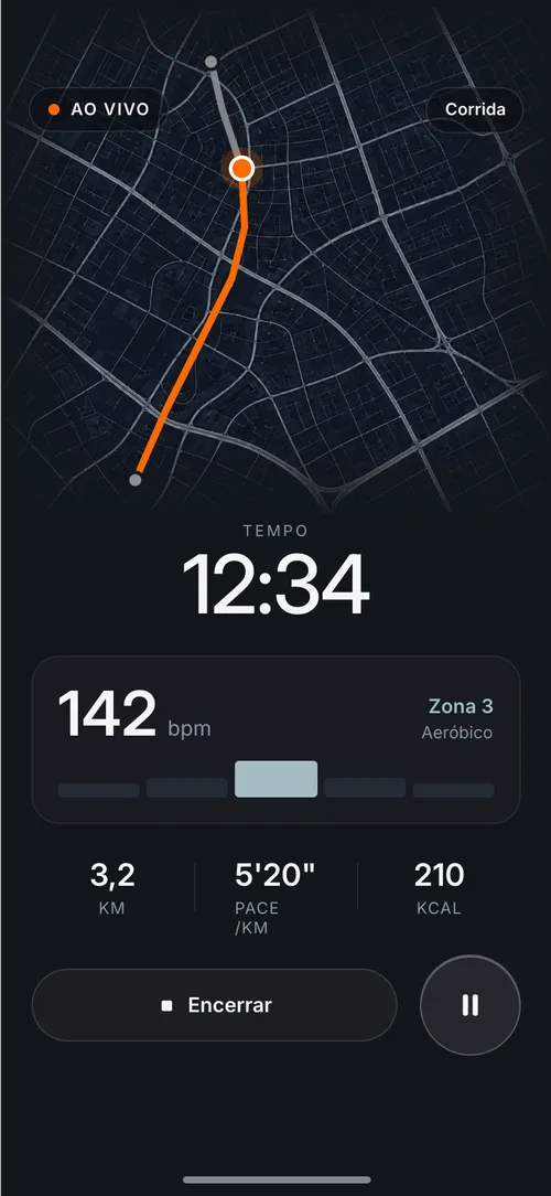 Treino ao vivo no app BYND: corrida com tempo, frequência cardíaca e zona
