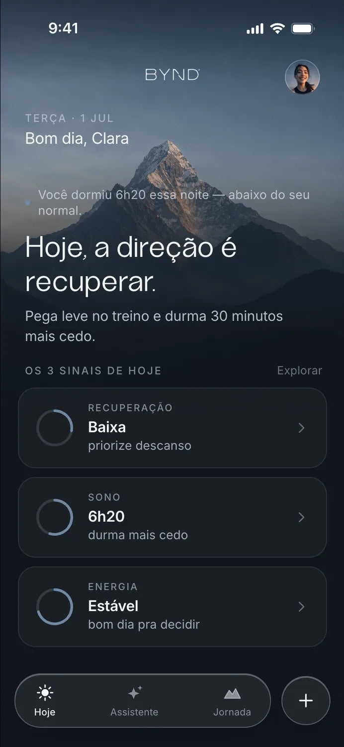 Tela inicial do app BYND: a direção do dia e os 3 sinais de hoje