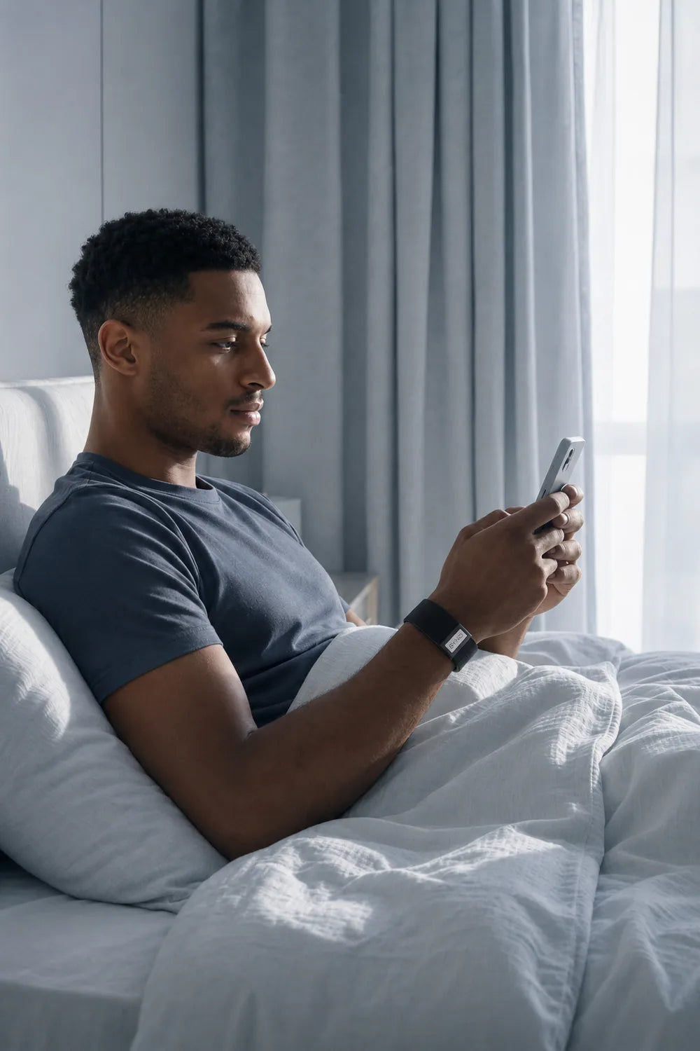 Homem na cama, de manhã, olhando o celular, com a BYND no pulso